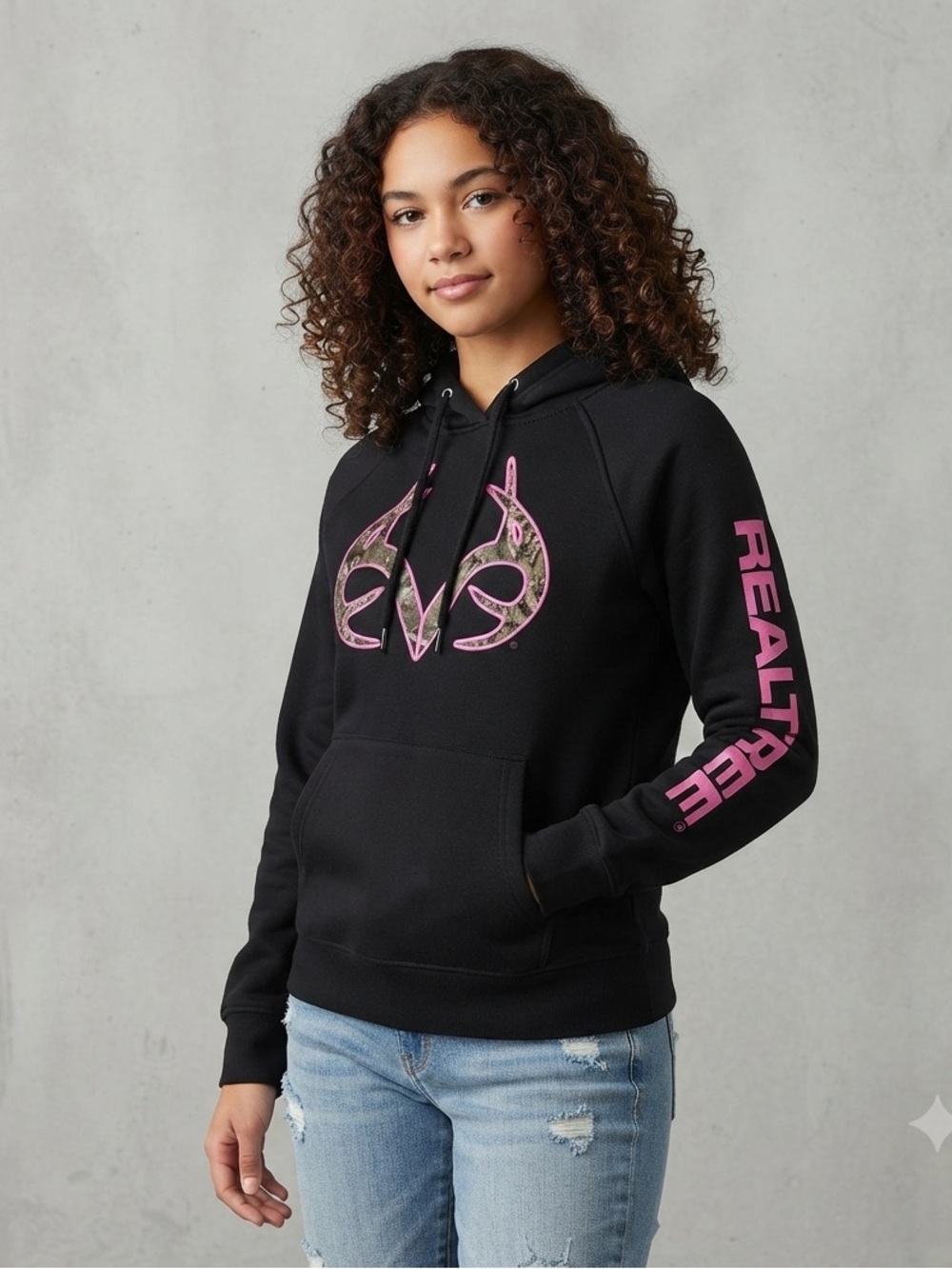 Realtree Black Graphic Hoodie with Pink Accents